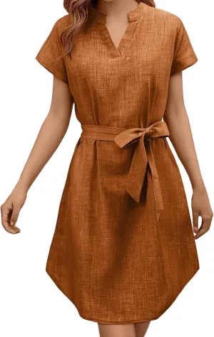 Womens Casual Mini Dresses Solid V Neck Short Sleeve Shirt Belted Dress Irregular Hem Sundress Spring Summer 2025