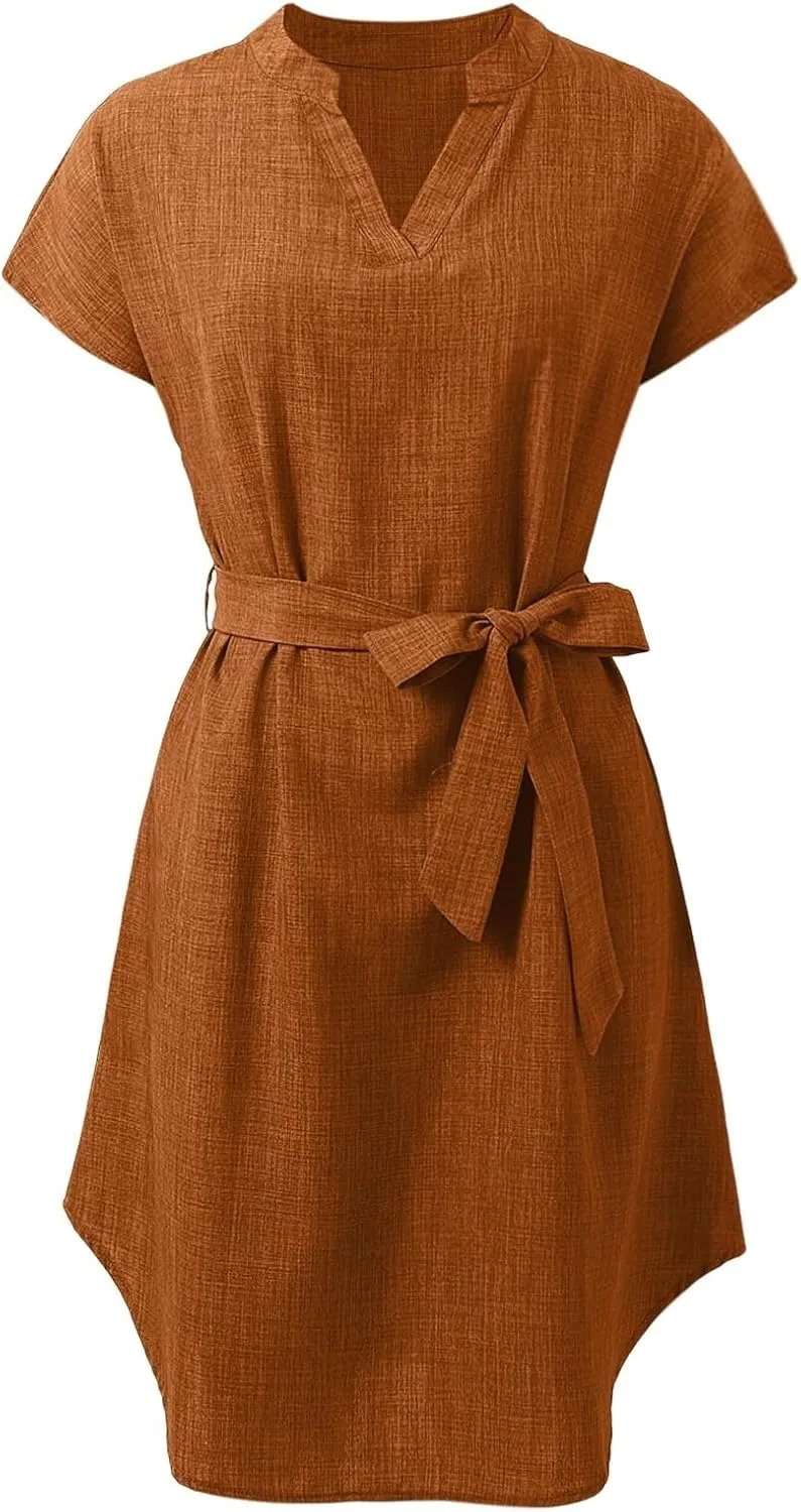 Womens Casual Mini Dresses Solid V Neck Short Sleeve Shirt Belted Dress Irregular Hem Sundress Spring Summer 2025