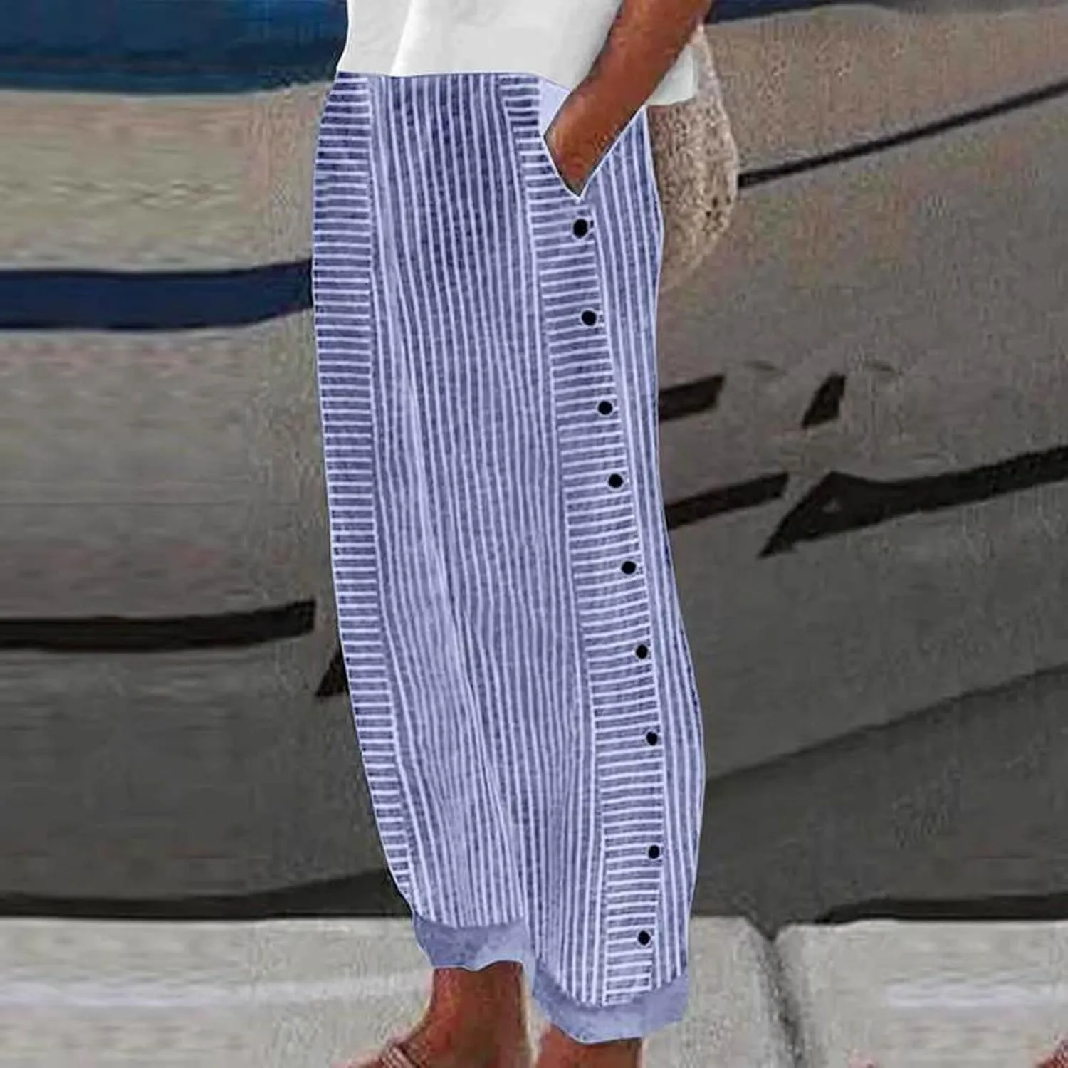 Women's Casual Pants Striped Side Button Pants Elastic Waist Summer Trendy Straight Leg Baggy Trousers with Pocket