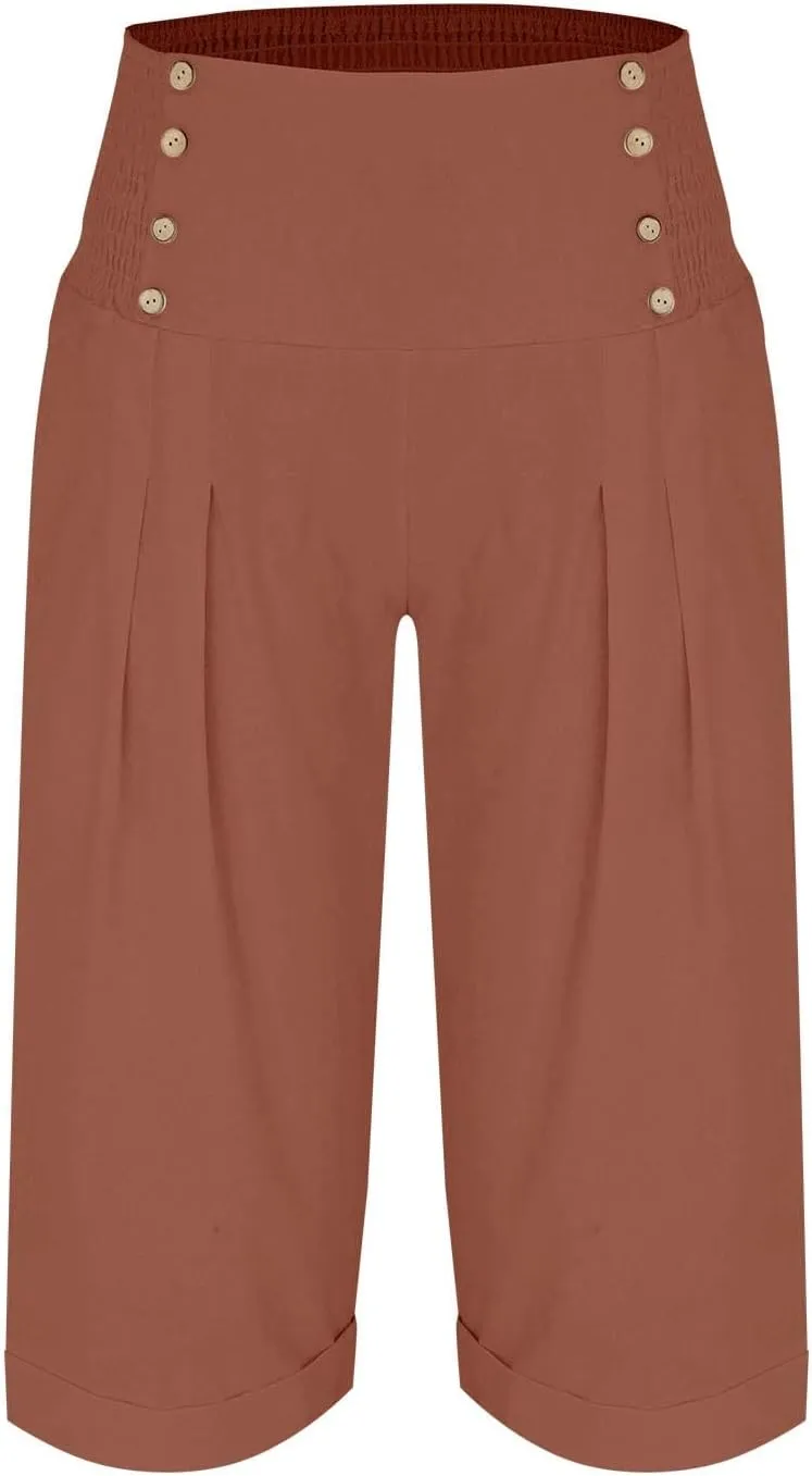 Womens Casual Pants Summer Cotton Linen Wide Leg Elastic Smocked Waist Cropped Trousers Summer Beach Vacation Pants