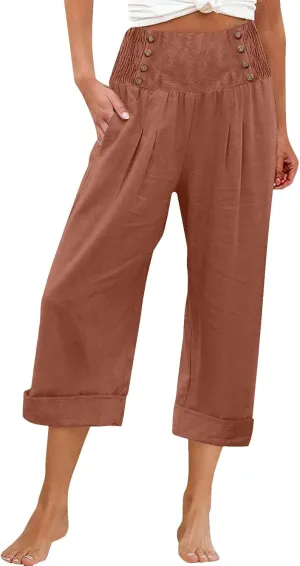 Womens Casual Pants Summer Cotton Linen Wide Leg Elastic Smocked Waist Cropped Trousers Summer Beach Vacation Pants