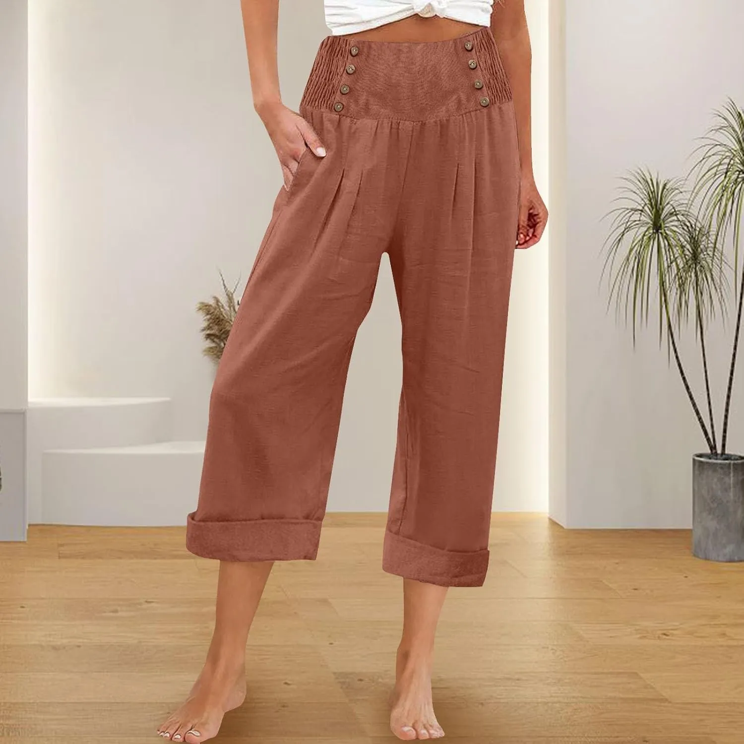 Womens Casual Pants Summer Cotton Linen Wide Leg Elastic Smocked Waist Cropped Trousers Summer Beach Vacation Pants