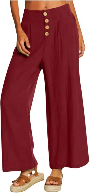 Women's Casual Wide Leg Pants Summer Palazzo Linen High Waist Business Work Trousers Long Lounge Pants