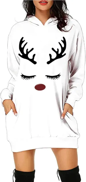 Women's Christmas Hoodies Sweatshirt Dress 2023 Fashion Loose Fit Bag Hip Printed Long Sleeve Oversized Pullover Tops