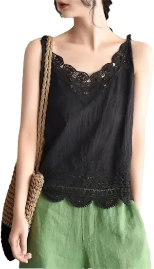 Women's Cotton and Linen Camisole lace Vest top Summer Casual Short Vest