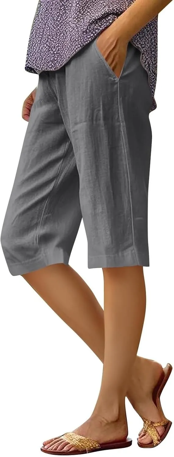 Womens Cotton Linen Capri Pants Summer Elastic Waist Plus Size Casual Pants Wide Leg Lightweight Capris with Pockets