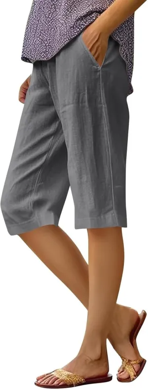 Womens Cotton Linen Capri Pants Summer Elastic Waist Plus Size Casual Pants Wide Leg Lightweight Capris with Pockets