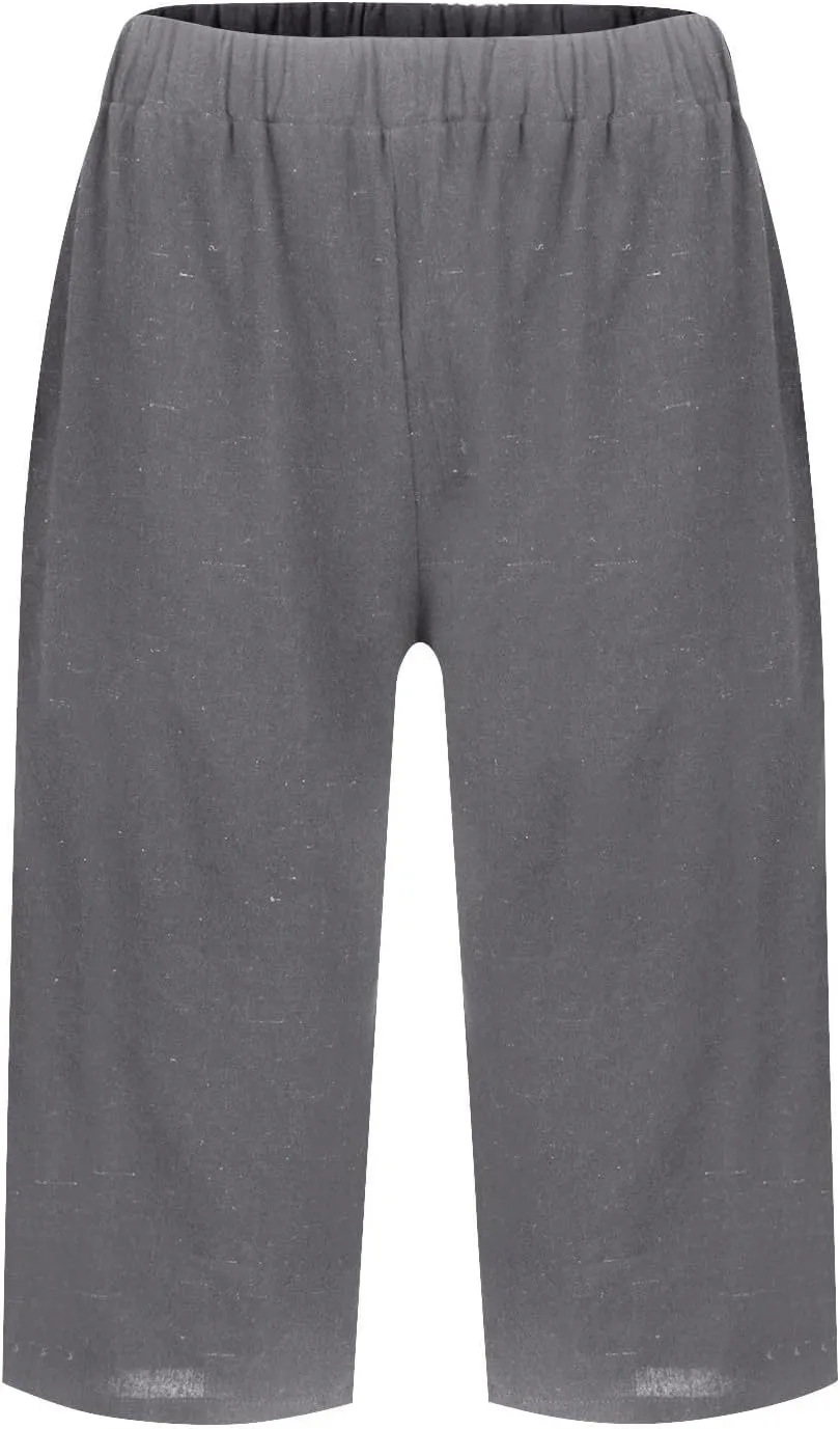 Womens Cotton Linen Capri Pants Summer Elastic Waist Plus Size Casual Pants Wide Leg Lightweight Capris with Pockets