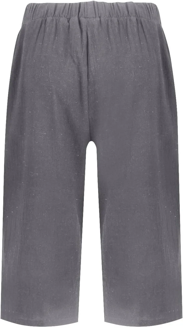 Womens Cotton Linen Capri Pants Summer Elastic Waist Plus Size Casual Pants Wide Leg Lightweight Capris with Pockets