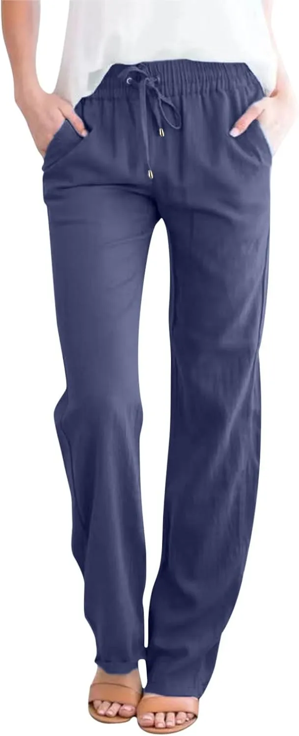Womens Cotton Linen Casual Pants Straight Leg Drawstring Elastic High Waist Loose Comfy Palazzo Trousers with Pockets