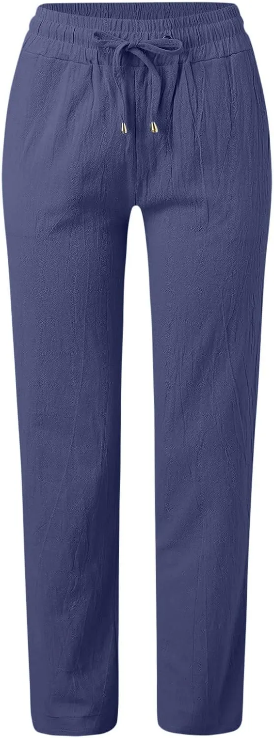 Womens Cotton Linen Casual Pants Straight Leg Drawstring Elastic High Waist Loose Comfy Palazzo Trousers with Pockets