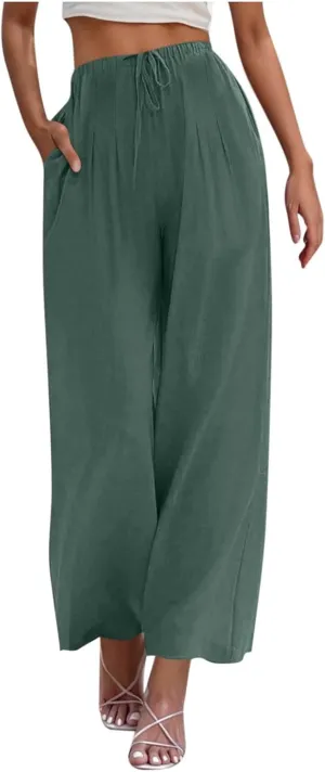 Womens Cotton Linen Palazzo Pants Drawstring Elastic Waist Casual Wide Leg Trousers Pocket Summer Vacation Beach Pant