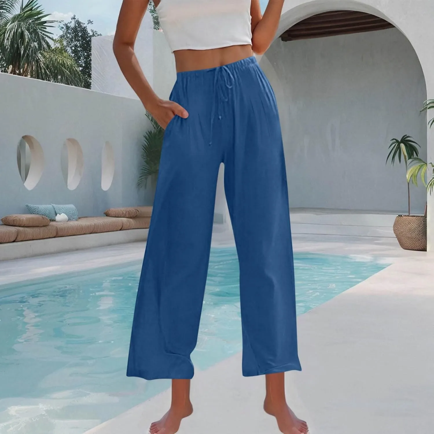 Womens Cotton Linen Palazzo Pants Drawstring Elastic Waist Casual Wide Leg Trousers Pocket Summer Vacation Beach Pant