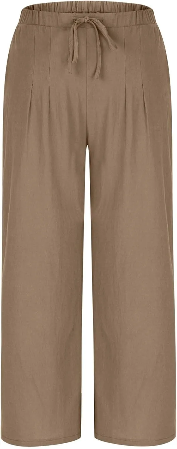Womens Cotton Linen Palazzo Pants Drawstring Elastic Waist Casual Wide Leg Trousers Pocket Summer Vacation Beach Pant