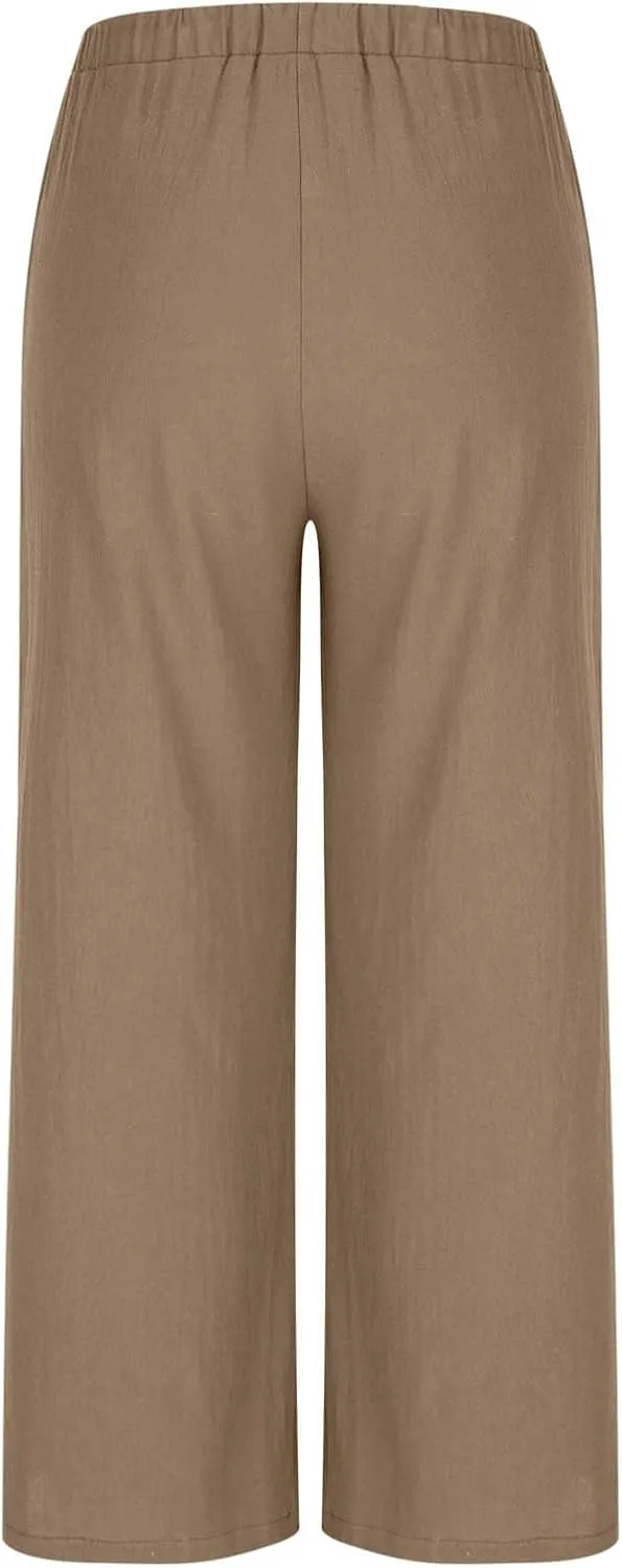 Womens Cotton Linen Palazzo Pants Drawstring Elastic Waist Casual Wide Leg Trousers Pocket Summer Vacation Beach Pant
