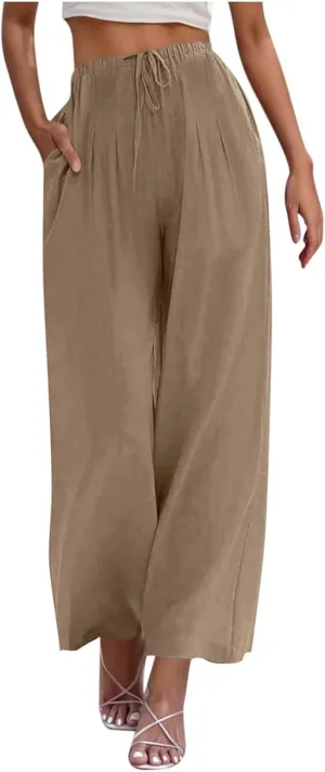 Womens Cotton Linen Palazzo Pants Drawstring Elastic Waist Casual Wide Leg Trousers Pocket Summer Vacation Beach Pant
