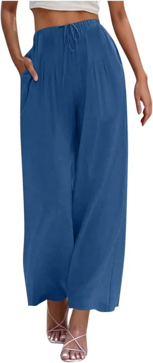 Womens Cotton Linen Palazzo Pants Drawstring Elastic Waist Casual Wide Leg Trousers Pocket Summer Vacation Beach Pant
