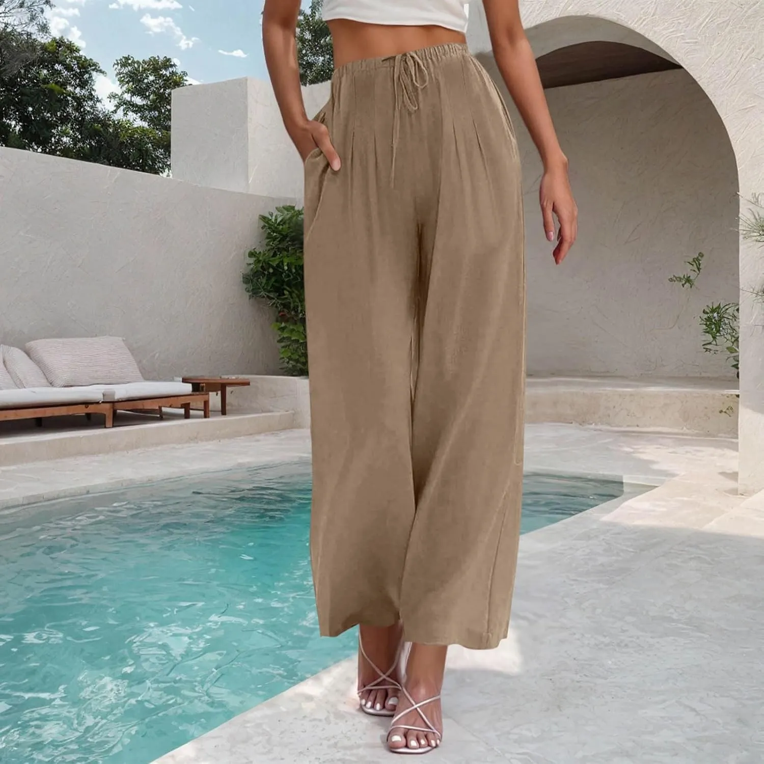 Womens Cotton Linen Palazzo Pants Drawstring Elastic Waist Casual Wide Leg Trousers Pocket Summer Vacation Beach Pant