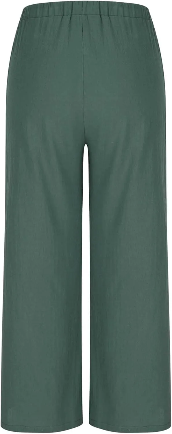 Womens Cotton Linen Palazzo Pants Drawstring Elastic Waist Casual Wide Leg Trousers Pocket Summer Vacation Beach Pant