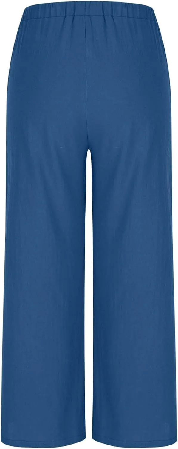 Womens Cotton Linen Palazzo Pants Drawstring Elastic Waist Casual Wide Leg Trousers Pocket Summer Vacation Beach Pant