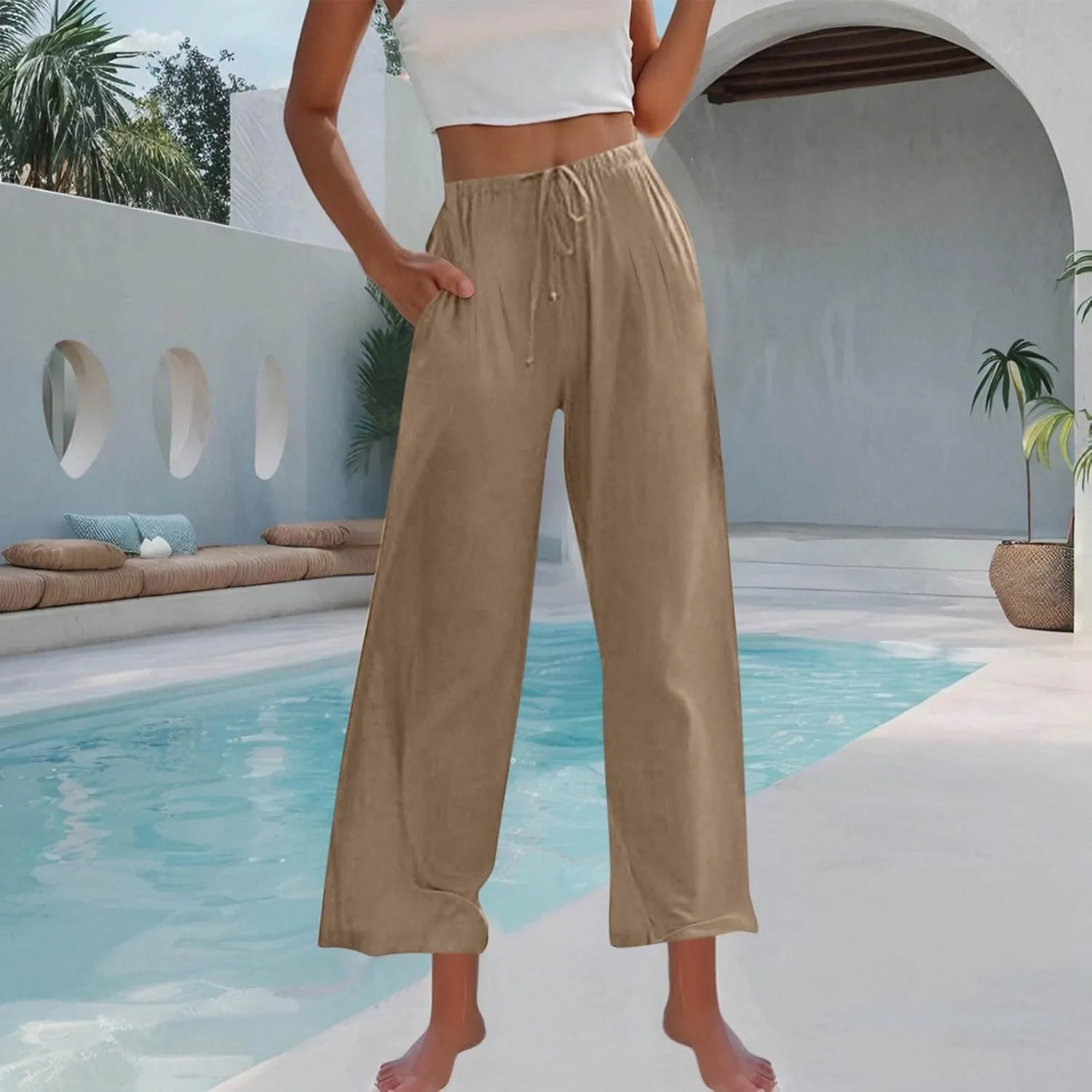Womens Cotton Linen Palazzo Pants Drawstring Elastic Waist Casual Wide Leg Trousers Pocket Summer Vacation Beach Pant