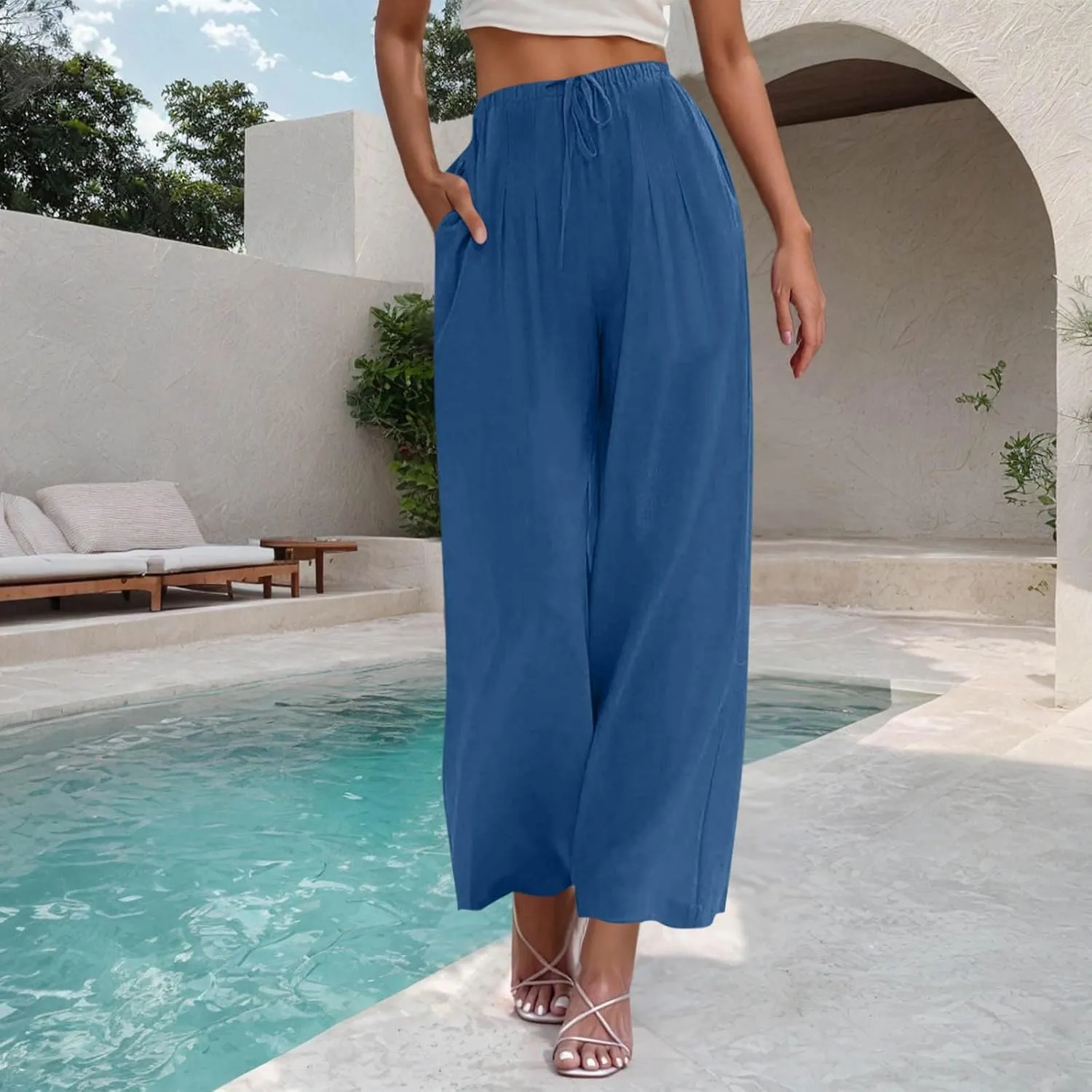 Womens Cotton Linen Palazzo Pants Drawstring Elastic Waist Casual Wide Leg Trousers Pocket Summer Vacation Beach Pant