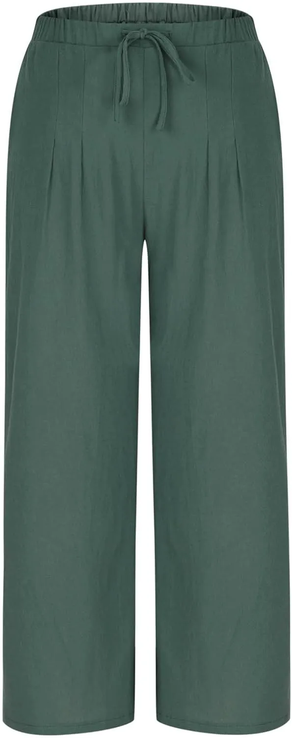 Womens Cotton Linen Palazzo Pants Drawstring Elastic Waist Casual Wide Leg Trousers Pocket Summer Vacation Beach Pant