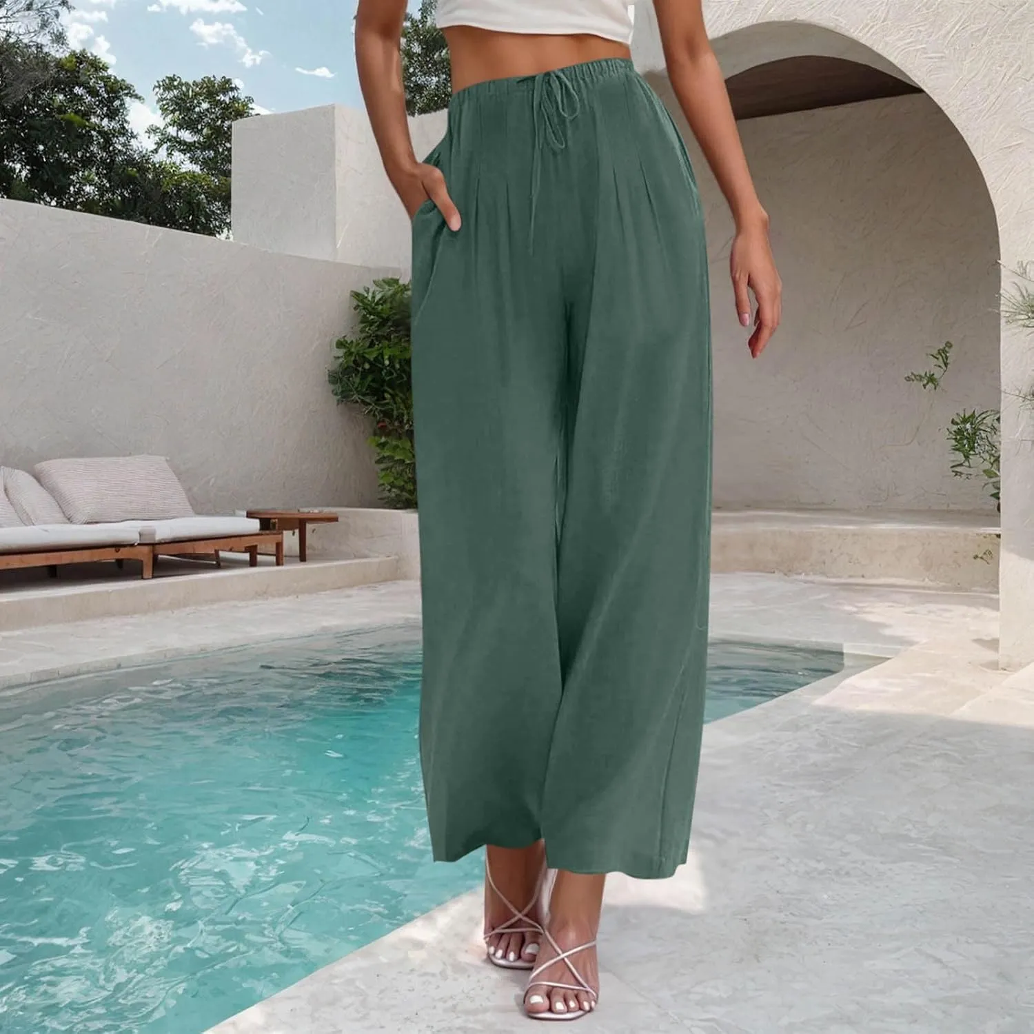 Womens Cotton Linen Palazzo Pants Drawstring Elastic Waist Casual Wide Leg Trousers Pocket Summer Vacation Beach Pant