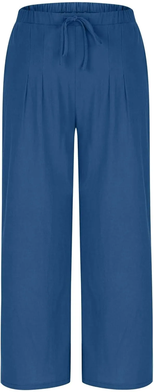 Womens Cotton Linen Palazzo Pants Drawstring Elastic Waist Casual Wide Leg Trousers Pocket Summer Vacation Beach Pant