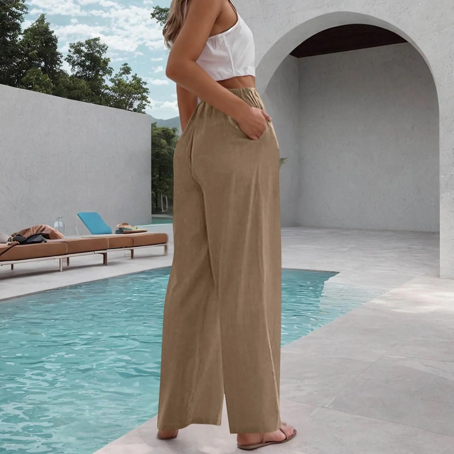 Womens Cotton Linen Palazzo Pants Drawstring Elastic Waist Casual Wide Leg Trousers Pocket Summer Vacation Beach Pant
