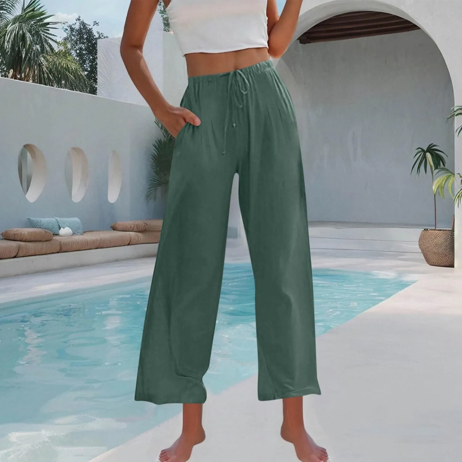 Womens Cotton Linen Palazzo Pants Drawstring Elastic Waist Casual Wide Leg Trousers Pocket Summer Vacation Beach Pant
