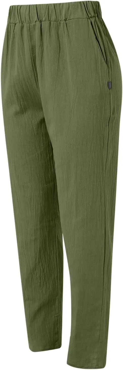 Women's Cotton Linen Pants 2025 Summer Casual Loose Elastic High Waisted Wide Leg Beach Trousers with Pockets
