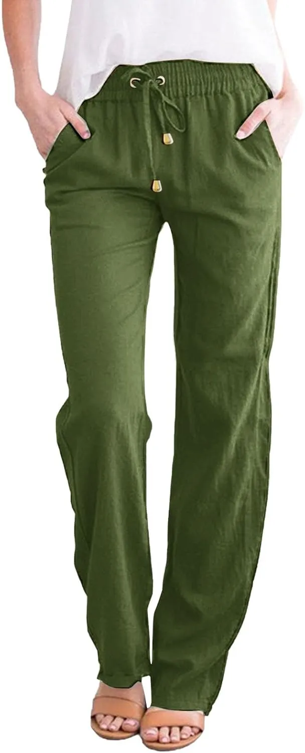 Women's Cotton Linen Pants Summer Beach Wide Leg Casual Slim Fit Drawstring Elastic Waist Palazzo Pants with Pockets