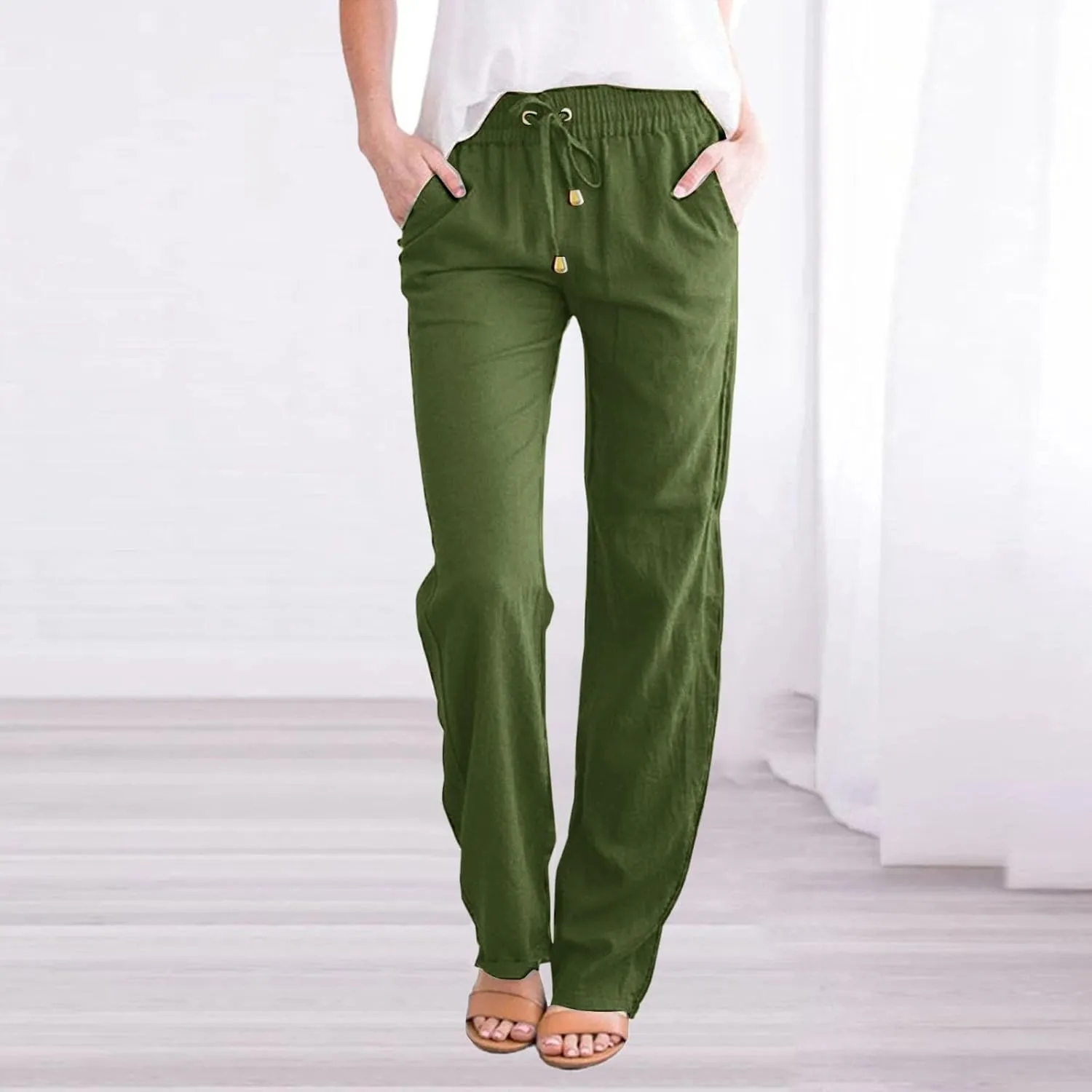 Women's Cotton Linen Pants Summer Beach Wide Leg Casual Slim Fit Drawstring Elastic Waist Palazzo Pants with Pockets