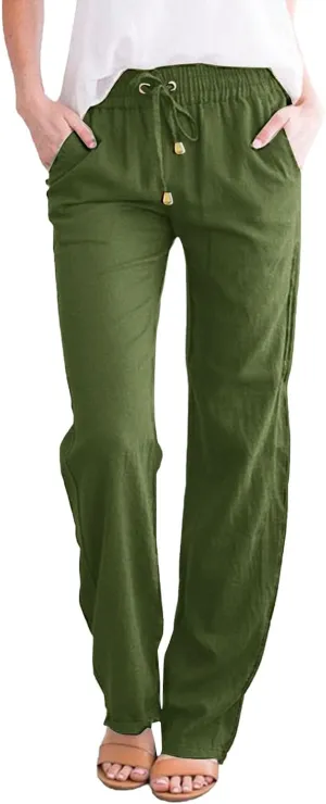 Women's Cotton Linen Pants Summer Beach Wide Leg Casual Slim Fit Drawstring Elastic Waist Palazzo Pants with Pockets