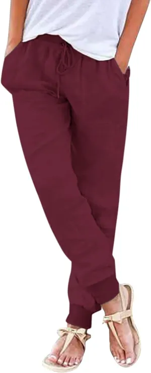 Womens Cotton Linen Pants with Pockets Elastic Waist Drawstring Tapered Pant Casual Trousers Lightweight Summer Pants