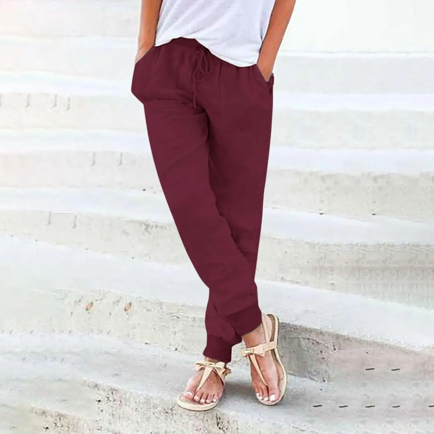 Womens Cotton Linen Pants with Pockets Elastic Waist Drawstring Tapered Pant Casual Trousers Lightweight Summer Pants