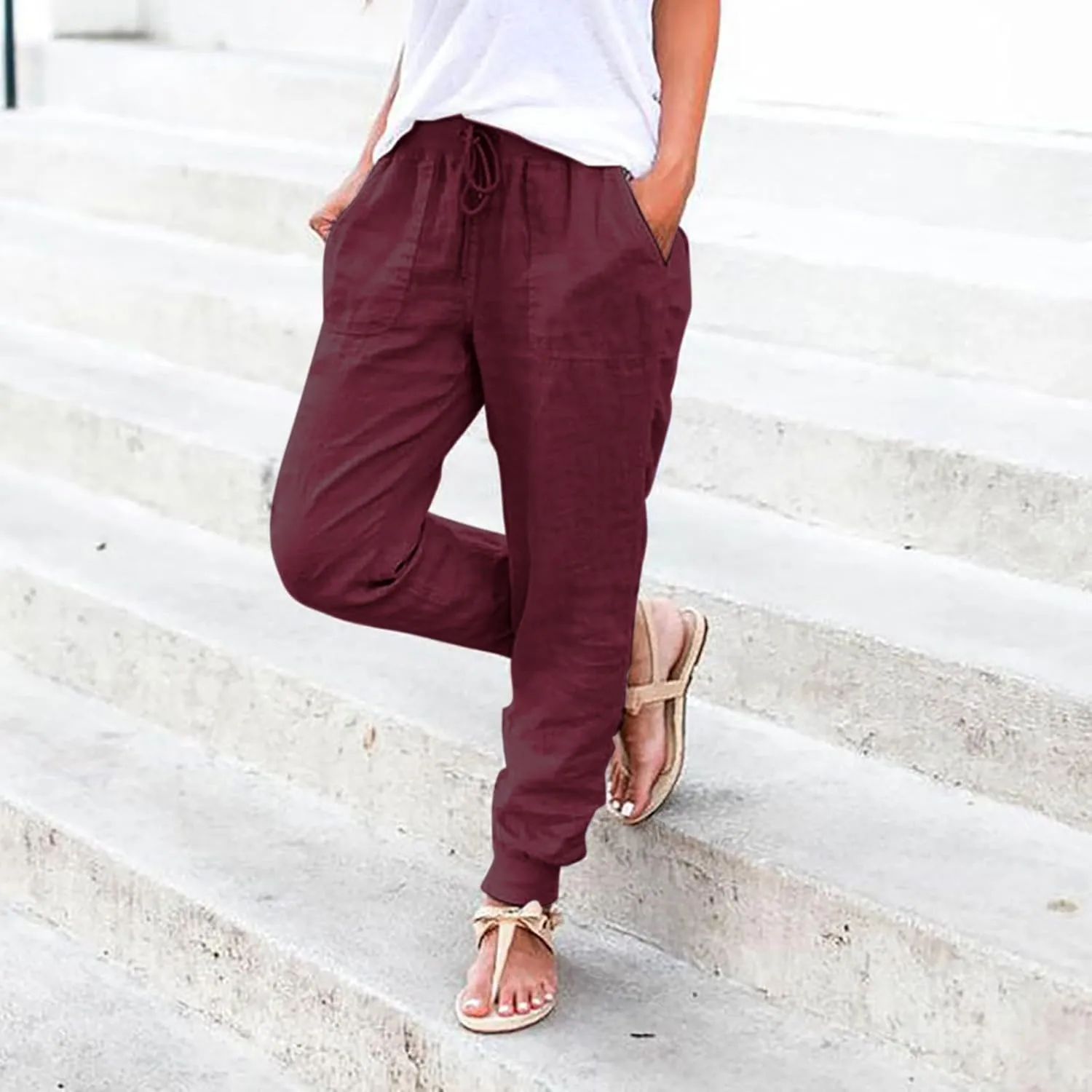 Womens Cotton Linen Pants with Pockets Elastic Waist Drawstring Tapered Pant Casual Trousers Lightweight Summer Pants