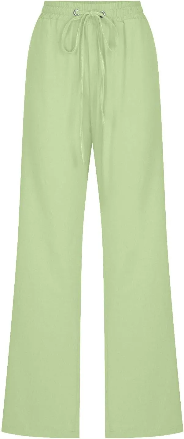 Womens Cotton Linen Straight Leg Pants Elastic High Waist Drawstring Beach Casual Trousers Lounge Pant with Pockets