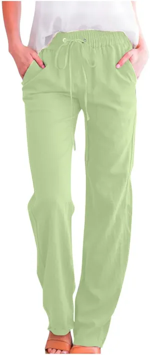 Womens Cotton Linen Straight Leg Pants Elastic High Waist Drawstring Beach Casual Trousers Lounge Pant with Pockets