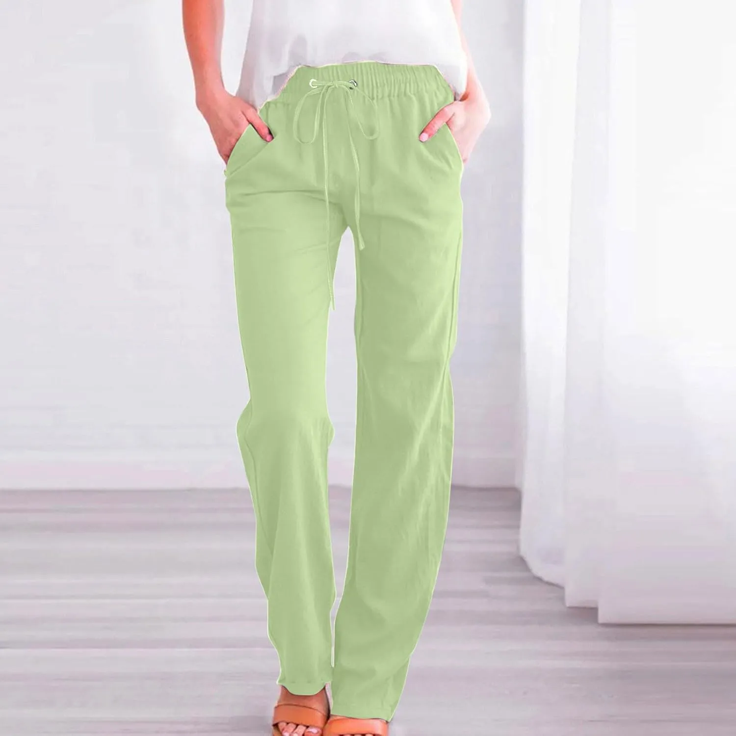 Womens Cotton Linen Straight Leg Pants Elastic High Waist Drawstring Beach Casual Trousers Lounge Pant with Pockets