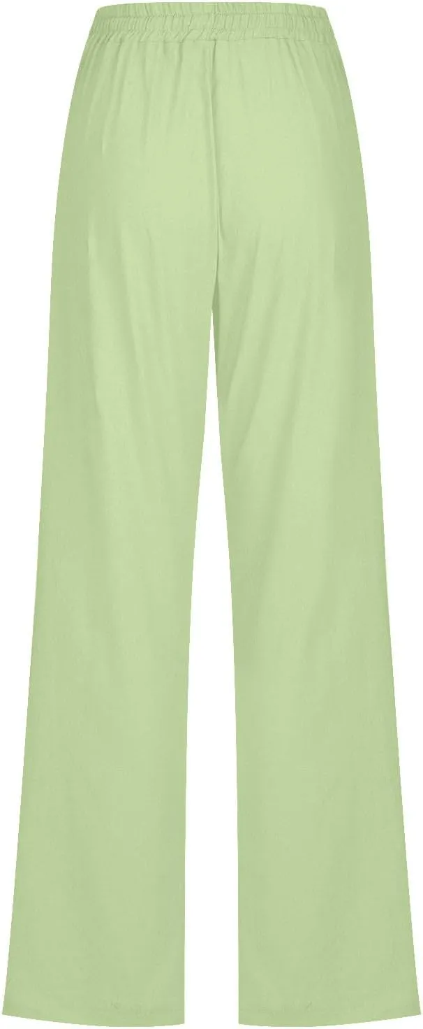 Womens Cotton Linen Straight Leg Pants Elastic High Waist Drawstring Beach Casual Trousers Lounge Pant with Pockets