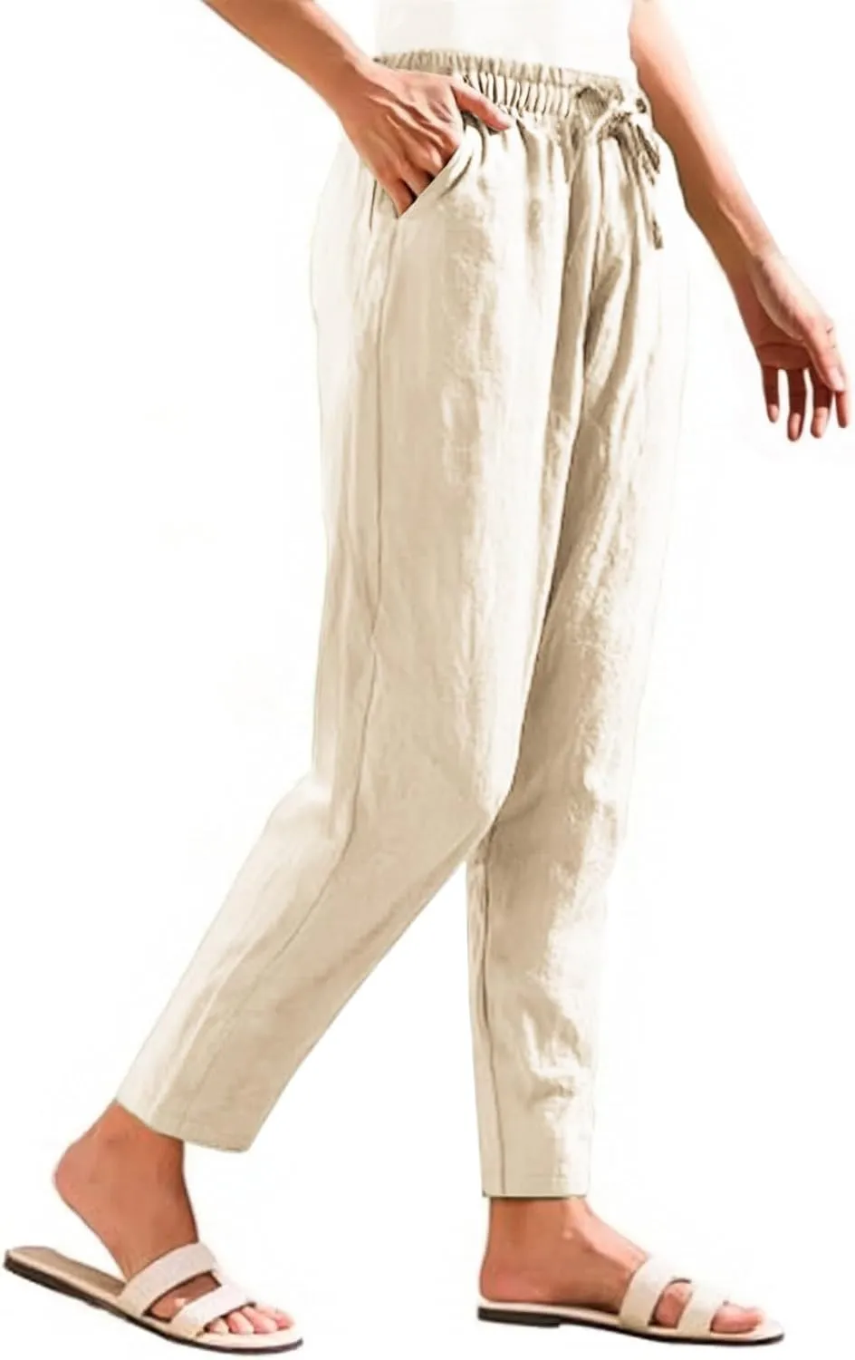 Women's Cotton Linen Straight Leg Pants Summer Wide Leg Business High Waisted Long Beach Trousers with Pockets