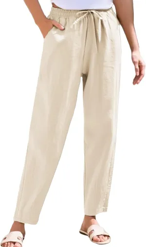 Women's Cotton Linen Straight Leg Pants Summer Wide Leg Business High Waisted Long Beach Trousers with Pockets