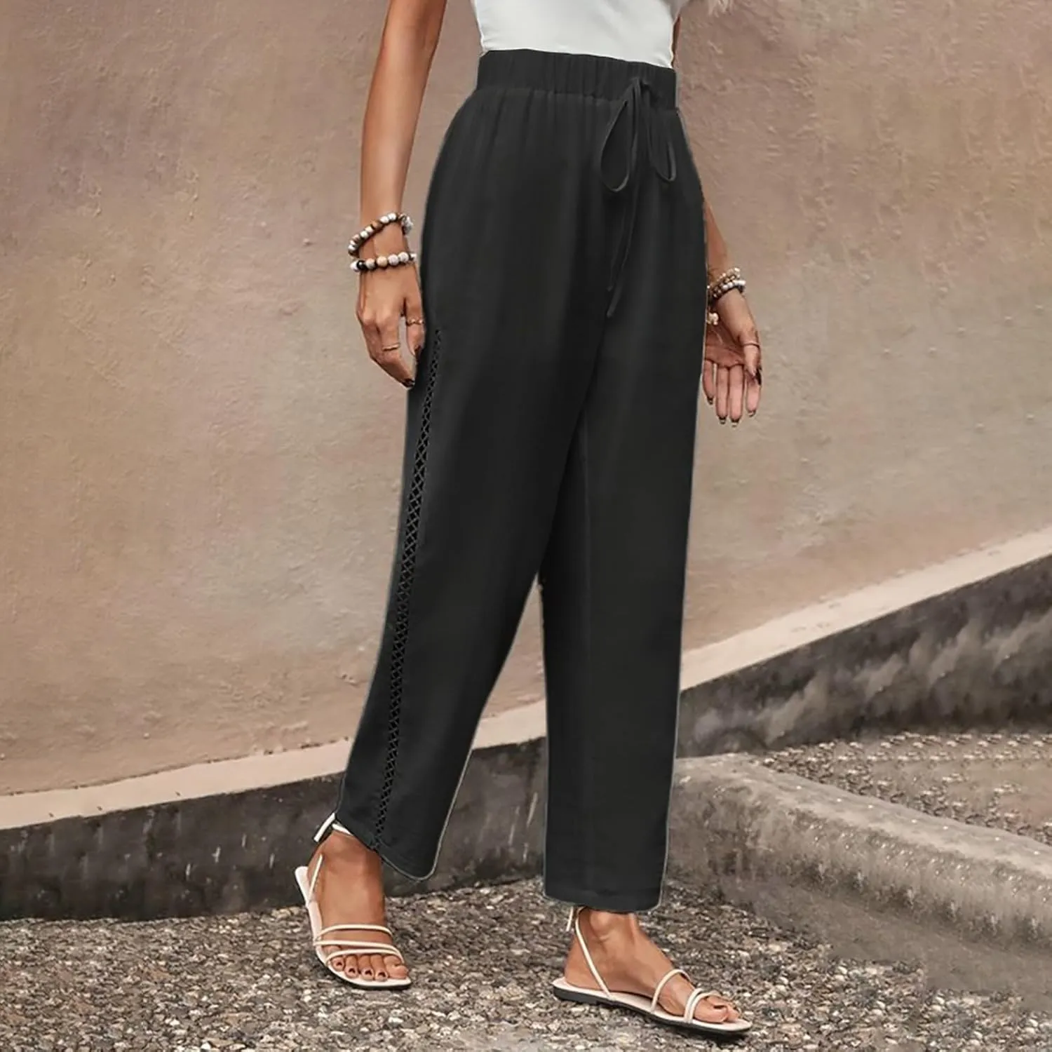 Women's Cotton Linen Summer Palazzo Pants Clothes Solid Casual Pants Summer Boho Wide Leg High Waist Summer Pants