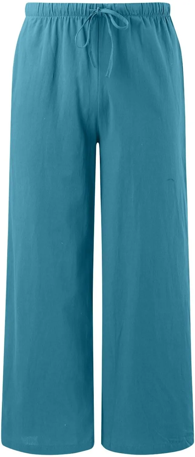 Women's Cotton Linen Summer Palazzo Pants Flowy Wide Leg Linen Pants Vacation Beach Trousers with Pockets