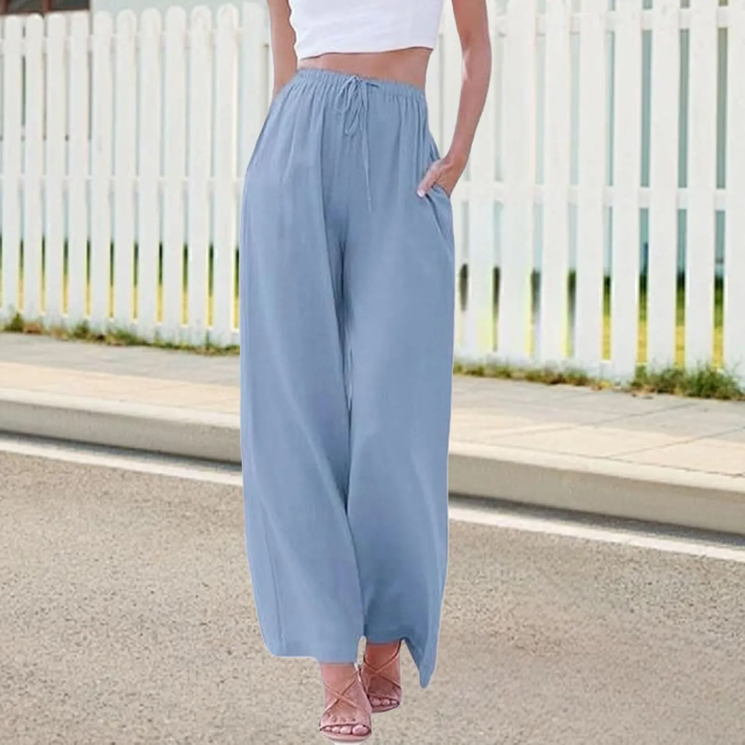 Women's Cotton Linen Summer Palazzo Pants High Waisted Flowy Baggy Wide Leg Beach Trousers Vacation Outfits
