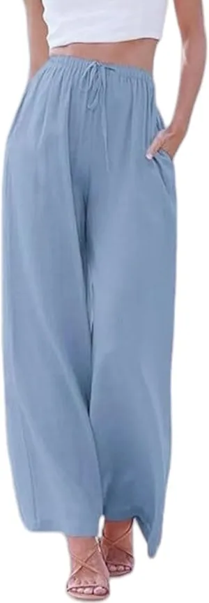 Women's Cotton Linen Summer Palazzo Pants High Waisted Flowy Baggy Wide Leg Beach Trousers Vacation Outfits