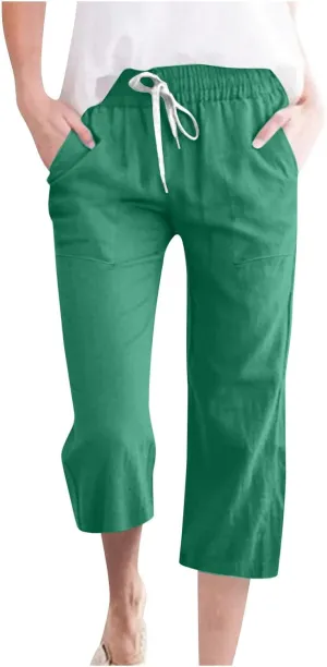 Womens Cotton Linen Summer Pull On Pant Trousers High Waist Wide Leg Plus Size Palazzo Pants Office