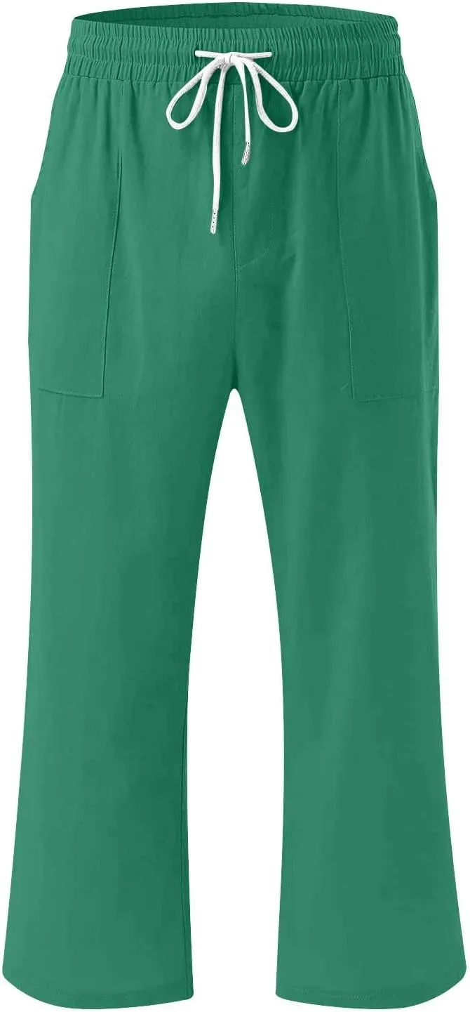 Womens Cotton Linen Summer Pull On Pant Trousers High Waist Wide Leg Plus Size Palazzo Pants Office
